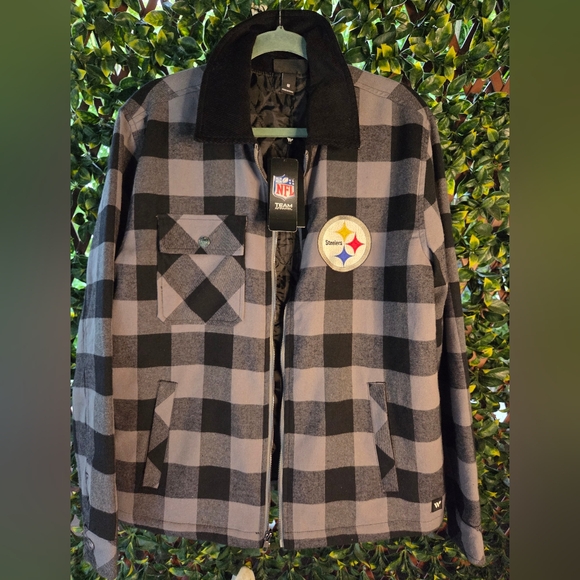 Pittsburgh Steelers Plaid Flannel Jacket Grey Black Women's Medium Full Zip NWT - Picture 1 of 6